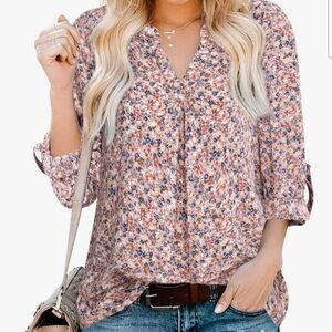 3/4 Length Sleeve Floral Print Women's Top - Pink and Blue, Size Large NWNT